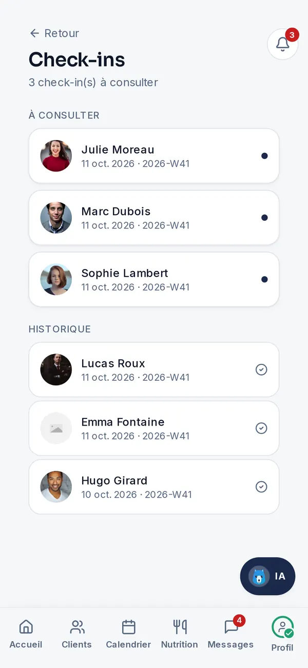Check-ins hebdomadaires des clients