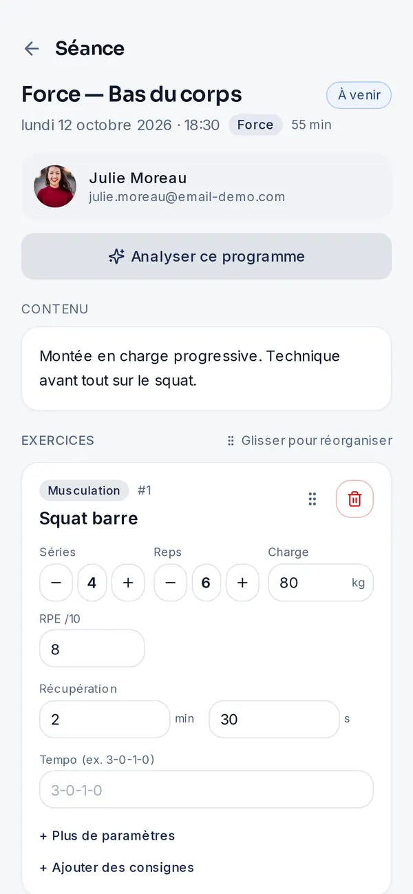 Création d'une séance avec exercices, séries, charge et RPE